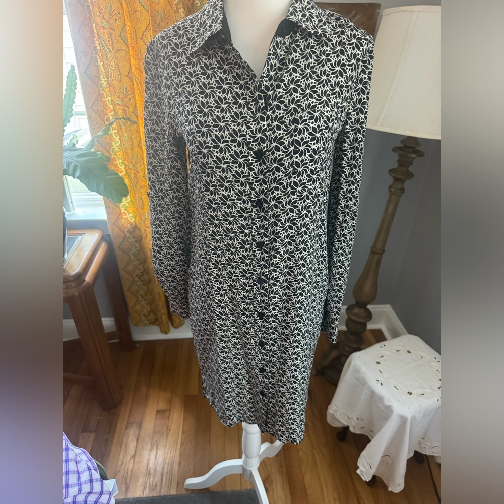 DVF silk Shirt Dress Black White Geo Floral Print Size 0